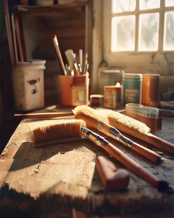 Professional painting tools arranged on a workbench
