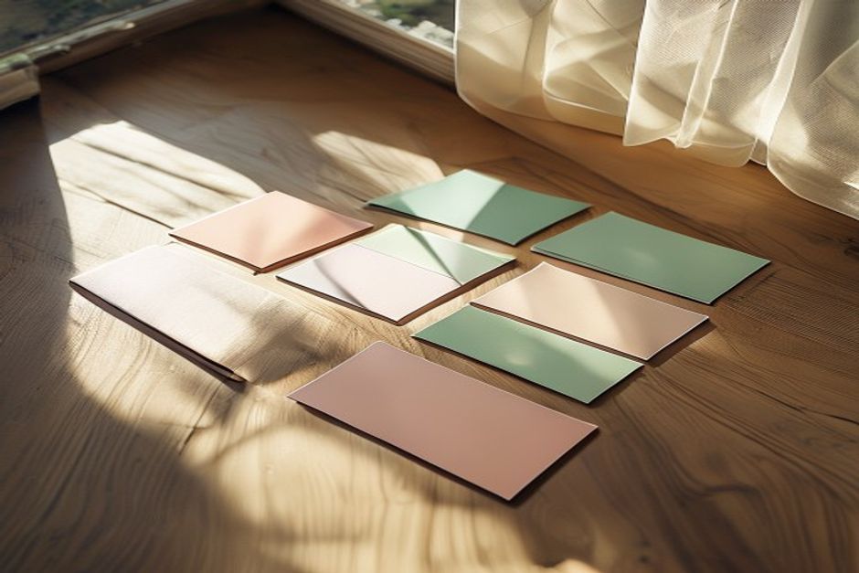 Paint colour swatches against a freshly painted wall